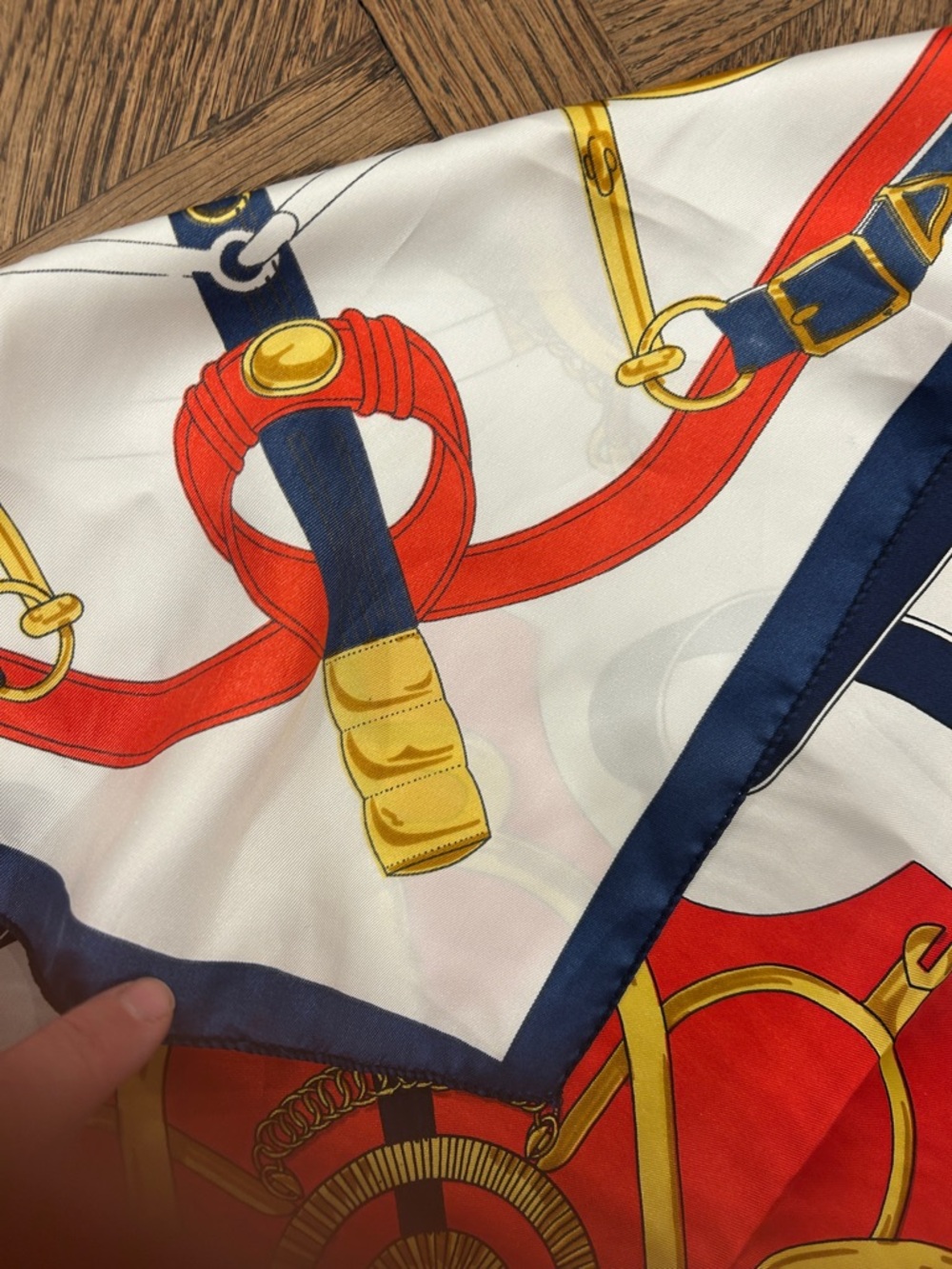 Red, White & Navy Equestrian Print Silk Square Scarf - Picture 4 of 4